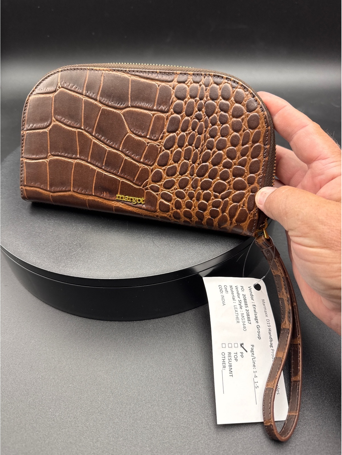Margot Brown Crocodile Pattern Leather Zip Wallet